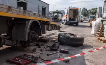 Anvelopă de remorcă explodată la Bascov